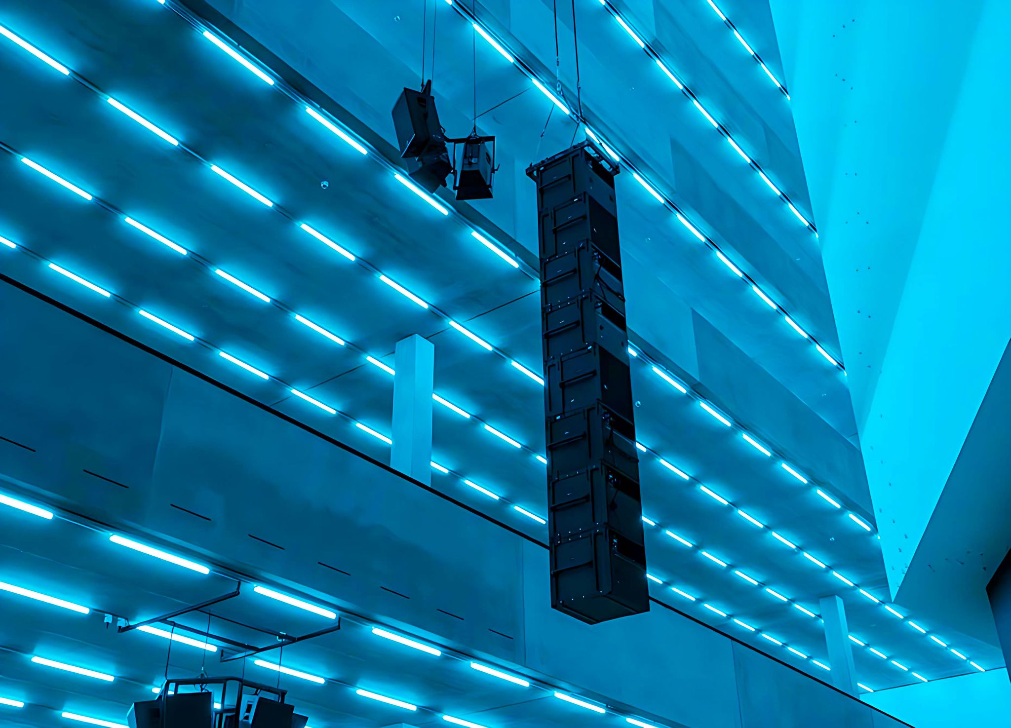 Bass by Steve McQueen at Schaulager Basel, cyan-lit ceiling installation